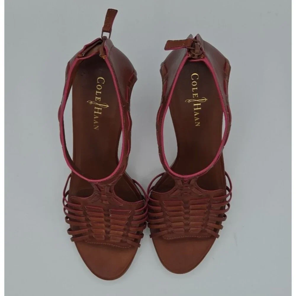 Cole Haan Air Valencia Women's Open Peep Toe Leather Heels Sandals Shoes Brown 9